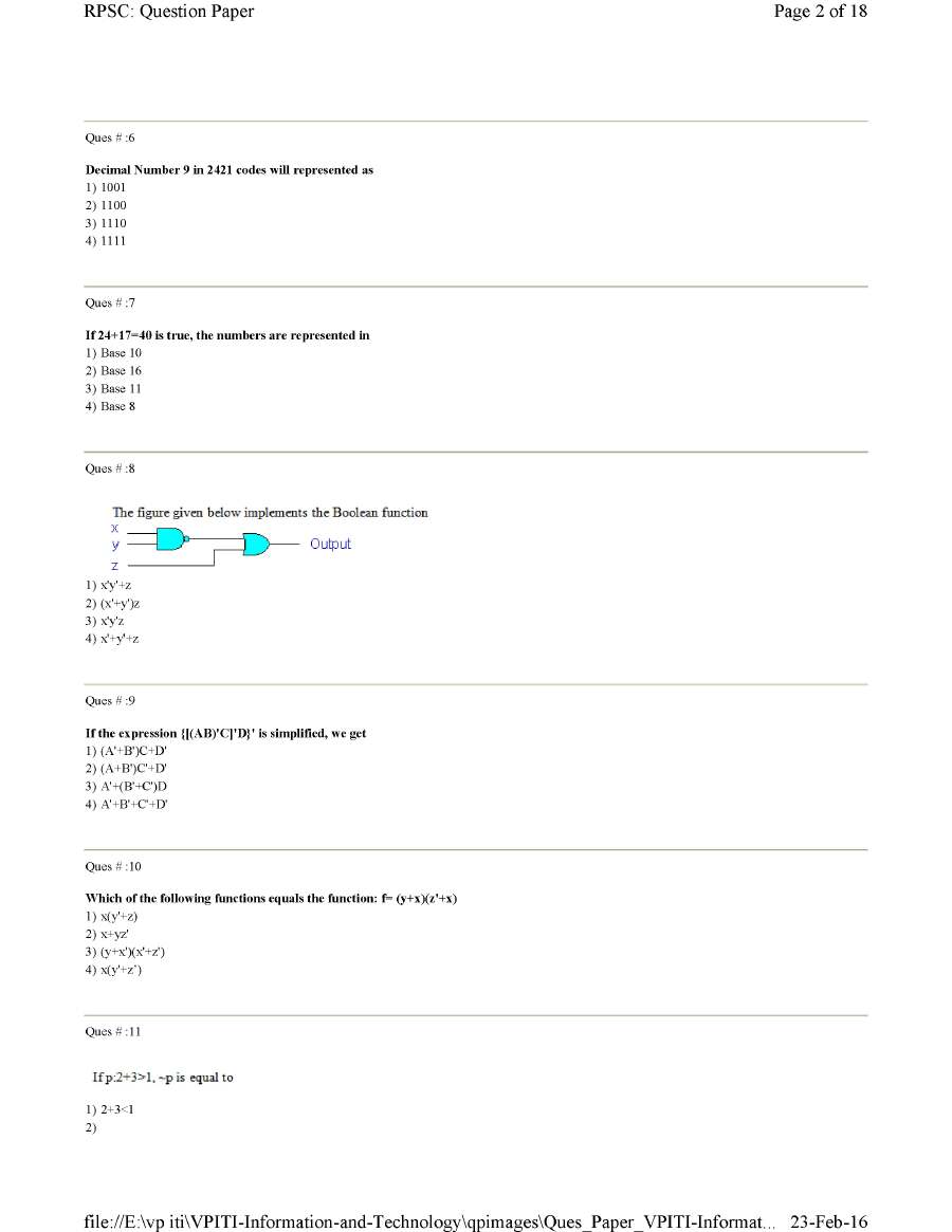 RPSC VPITI 2012 Information Technology question paper page 1 instructions scan PDF download