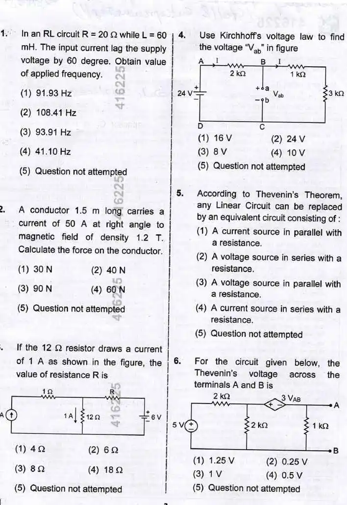 RPSC Voice Principal / Superintendent ITI Comp. Exam 2024 Electrical Engineering question paper page 1 instructions scan PDF download