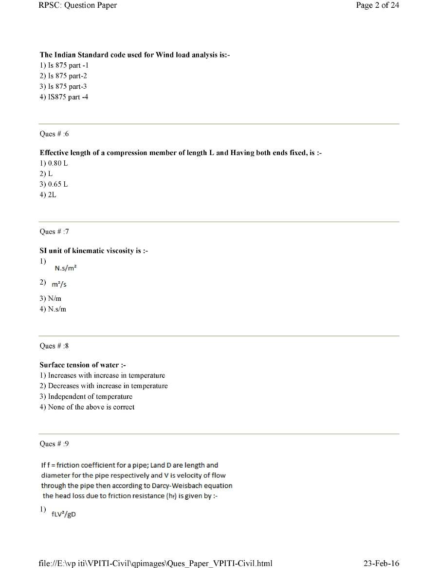 RPSC VPITI-Civil 2012 Civil Engineering question paper page 1 scan PDF download. Includes exam header and first few objective questions.