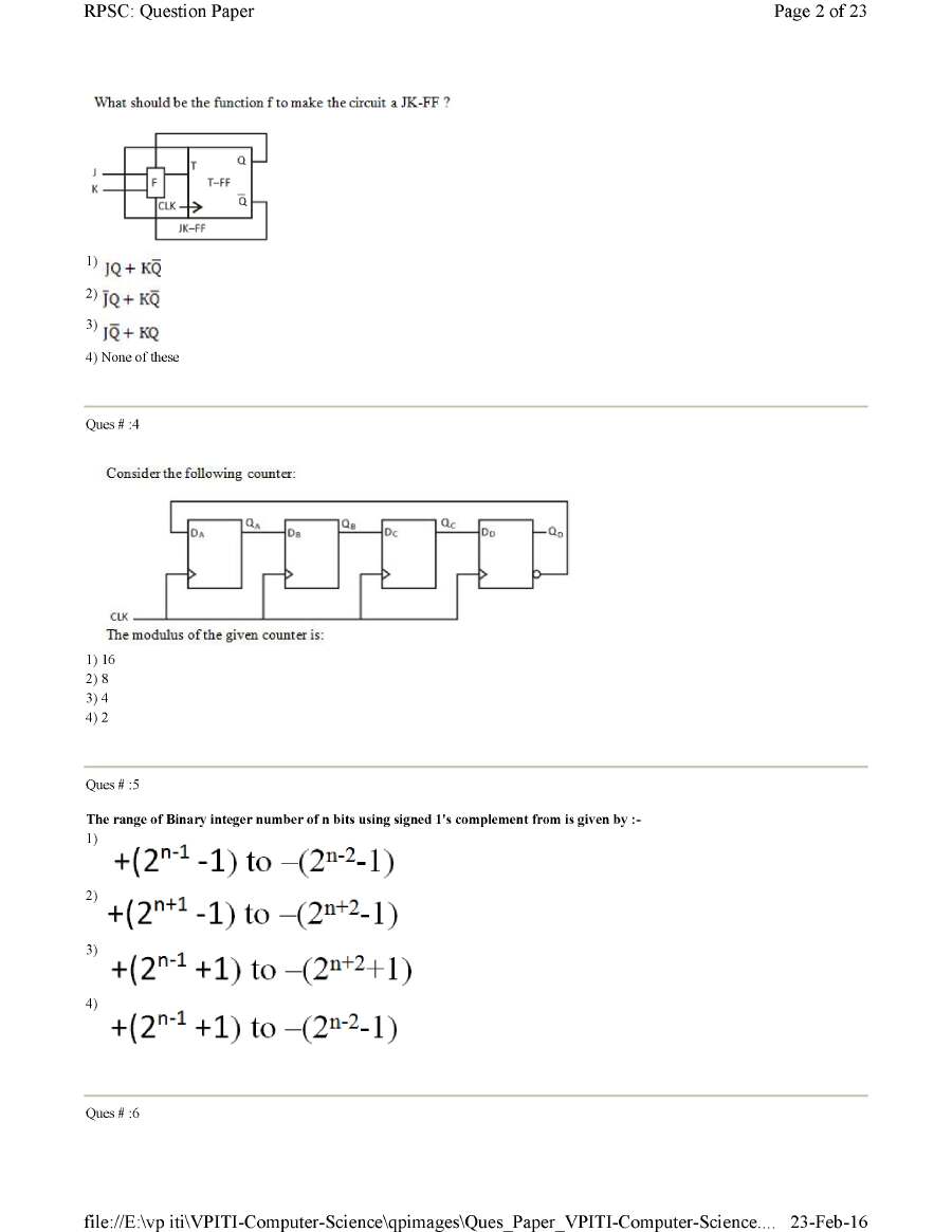 RPSC VPITI Computer Science 2012 question paper page 1 instructions and header scan PDF download