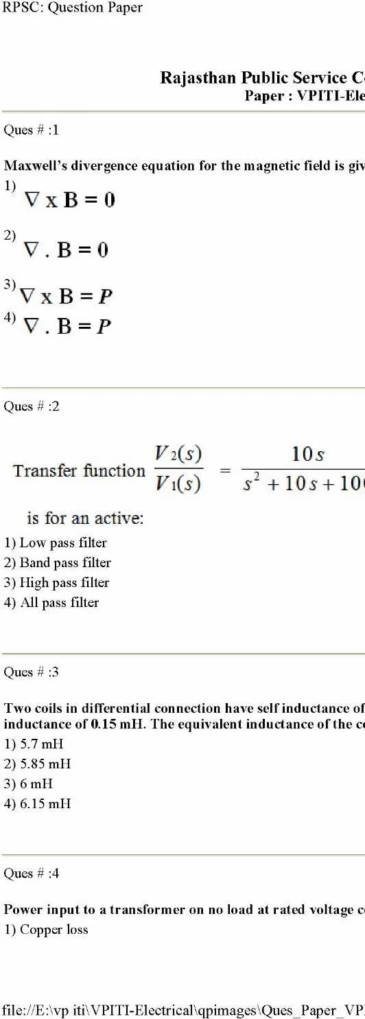 RPSC VPITI Electrical Engineering question paper 2012 page 1 scan PDF download, Vice Principal ITI Screening Test