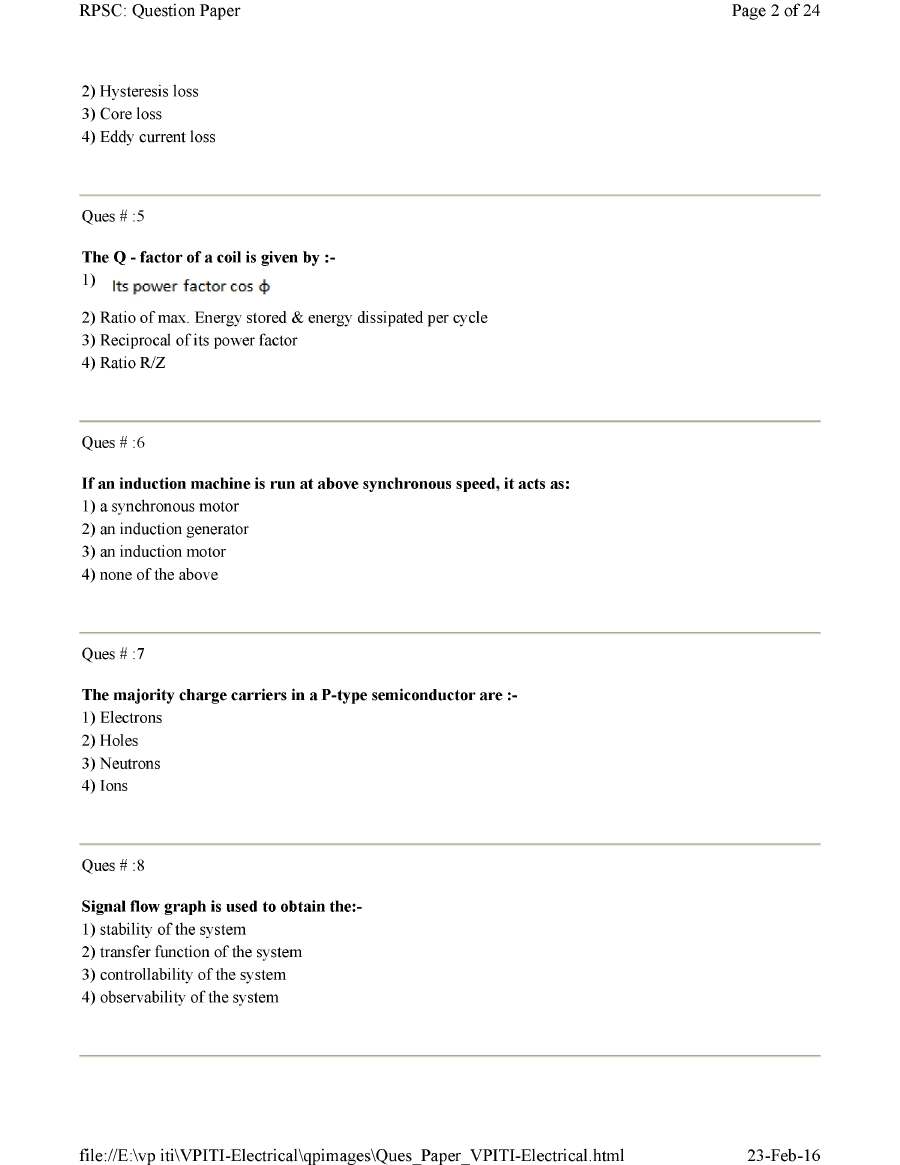 RPSC VPITI Electrical Engineering question paper 2012 page 1 scan PDF download, Vice Principal ITI Screening Test