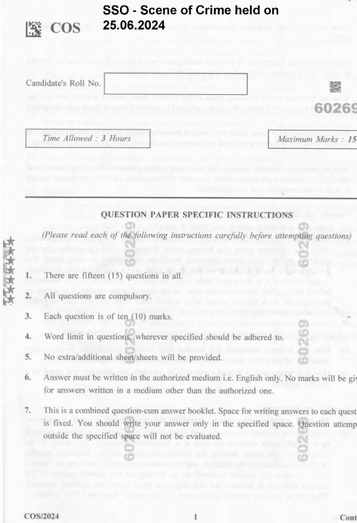 Senior Scientific Officer Scene of Crime Paper 2024 COS/2024 — page 1 instructions scan PDF download