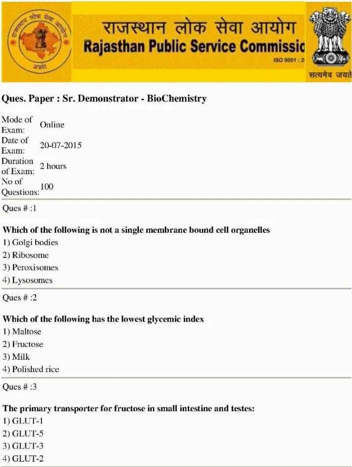 Sr. Demonstrator Biochemistry 2014 RPSC question paper page 1 instructions and header scan PDF download