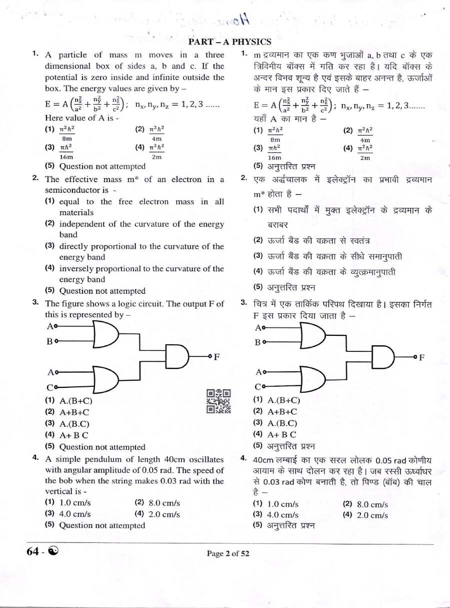 Sr. Scientific Officer 2024 Physics question paper page 1 instructions and header scan PDF download RPSC