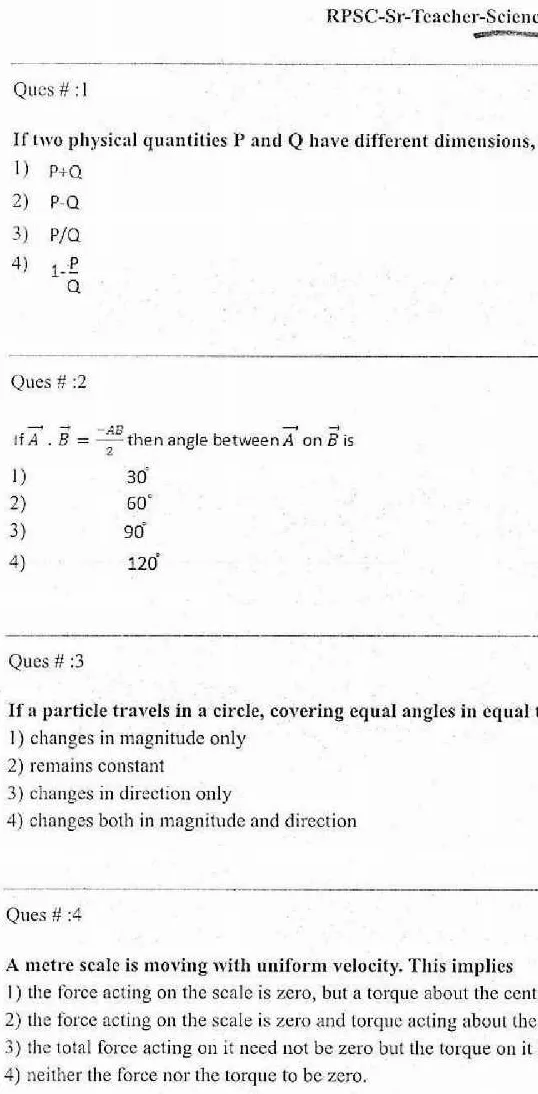 RPSC Sr. Teacher GR II 2011 Science question paper page 1 instructions scan PDF download