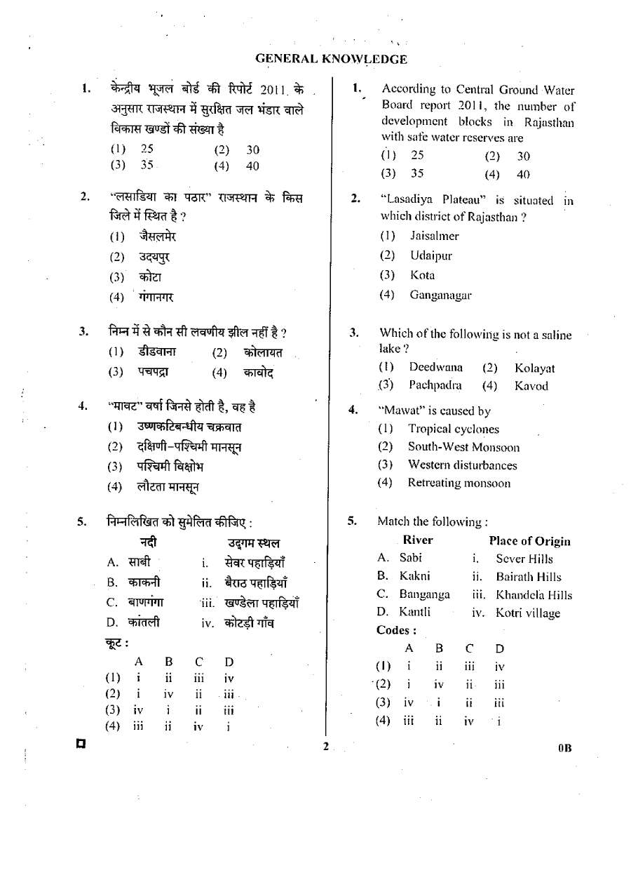 RPSC Sr. Teacher Grade II 2016 GK Paper-I question paper page 1 scan showing exam instructions for candidates and header details. PDF download available.