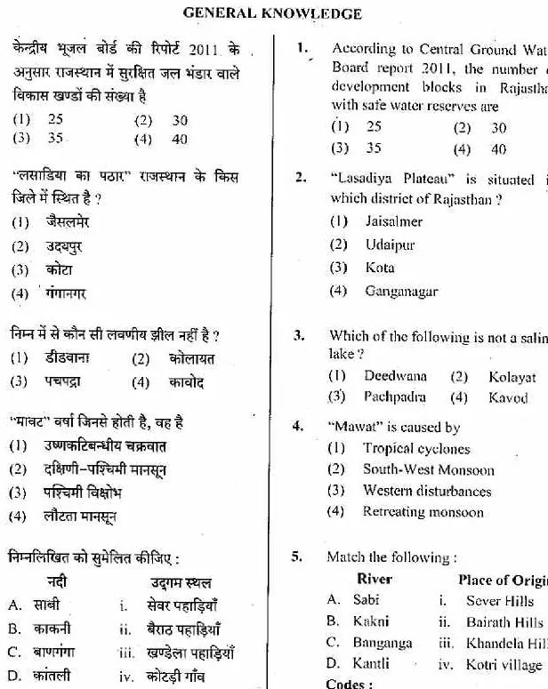 RPSC Sr. Teacher Grade II 2016 GK Paper-I question paper page 1 scan showing exam instructions for candidates and header details. PDF download available.