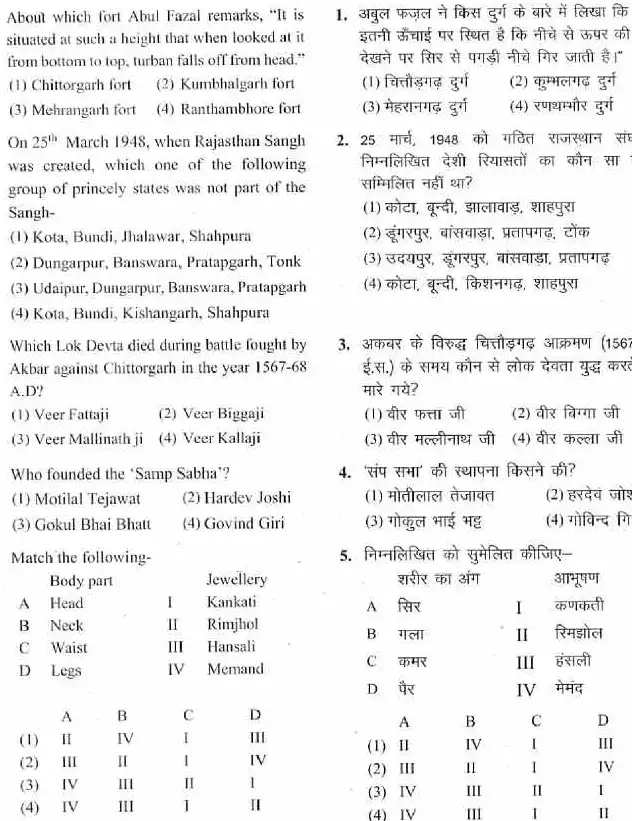 SR Teacher GK 2018 question paper page 1 instructions scan PDF download RPSC