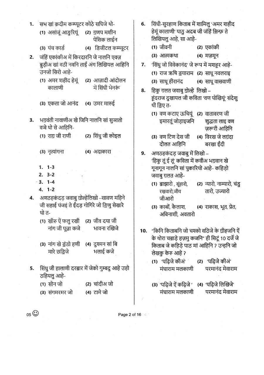 RPSC Sr. Teacher Gr II Comp. Exam (Sindhi) 2018 question paper page 1 instructions scan PDF download