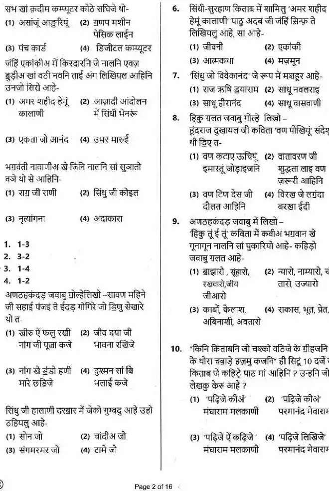 RPSC Sr. Teacher Gr II Comp. Exam (Sindhi) 2018 question paper page 1 instructions scan PDF download