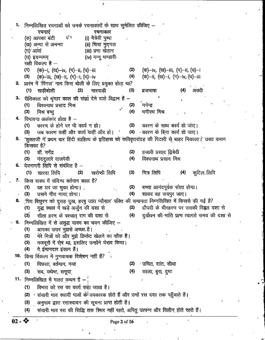 Sr. Teacher Gr II Hindi Paper 2022 RPSC question paper page 1 instructions scan PDF download