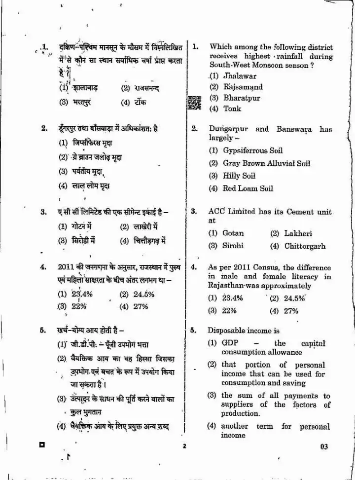 Sr. Teacher Sanskrit Edu. 2022 Social Science Paper II question paper page 1 instructions scan PDF download RPSC