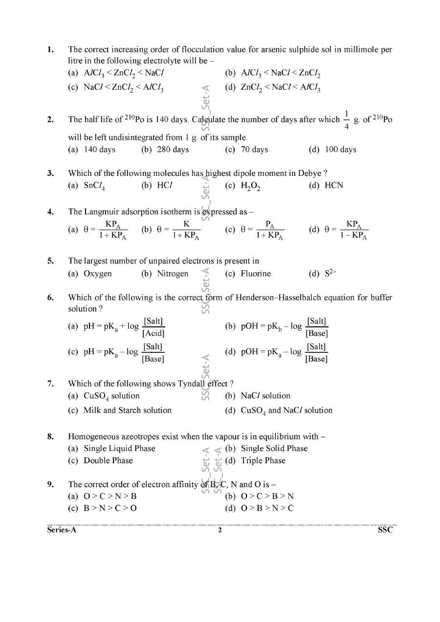 SSC Senior Scientific Assistant 2024 Chemistry question paper page 1 instructions scan PDF download UKPSC