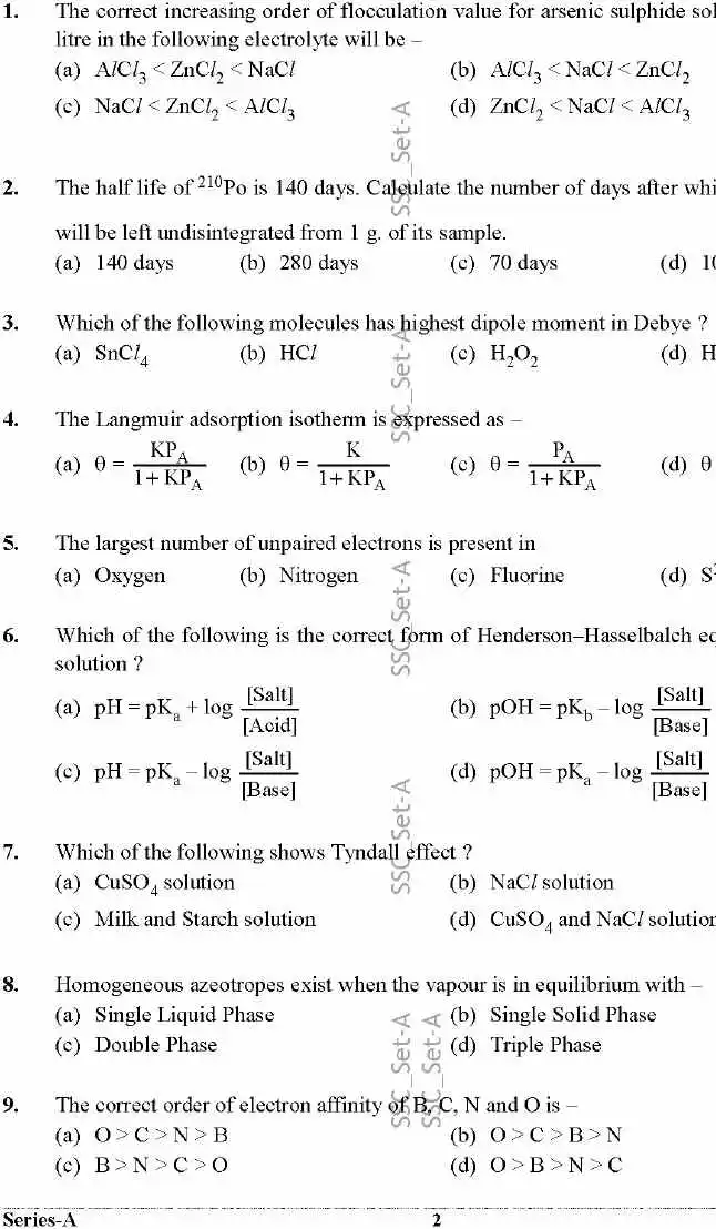 SSC Senior Scientific Assistant 2024 Chemistry question paper page 1 instructions scan PDF download UKPSC