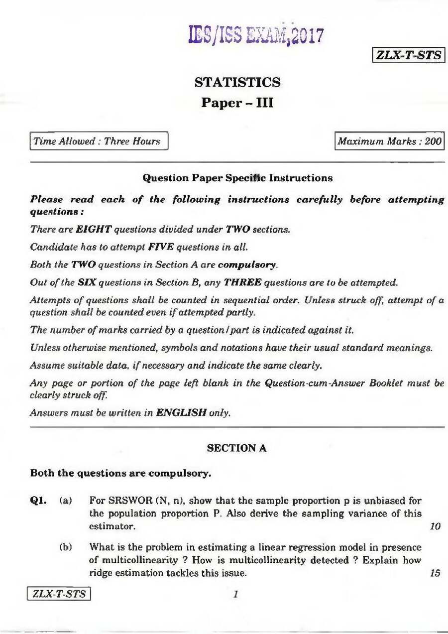Statistics Paper III (2017) IES/ISS – Two Sections of Questions — page 1 instructions scan PDF download