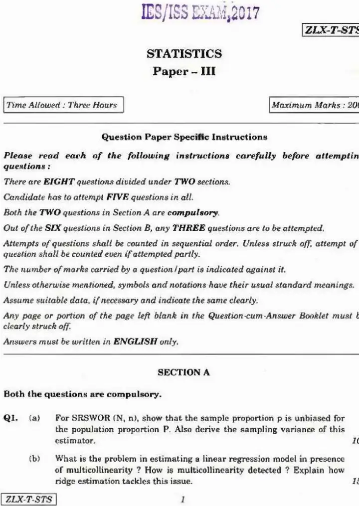Statistics Paper III (2017) IES/ISS – Two Sections of Questions — page 1 instructions scan PDF download