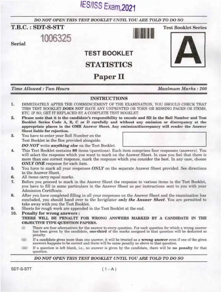 Statistics Paper II ESISS 2021 MCQ Paper — page 1 instructions scan PDF download