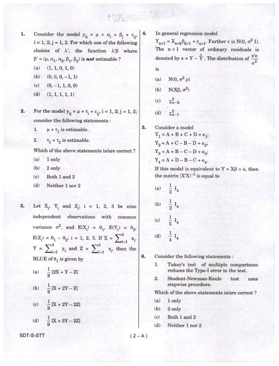 Statistics Paper II ESISS 2021 MCQ Paper — page 1 instructions scan PDF download
