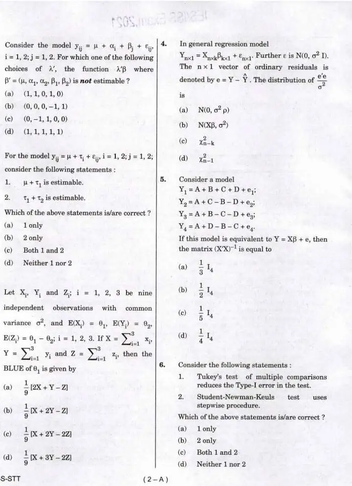 Statistics Paper II ESISS 2021 MCQ Paper — page 1 instructions scan PDF download