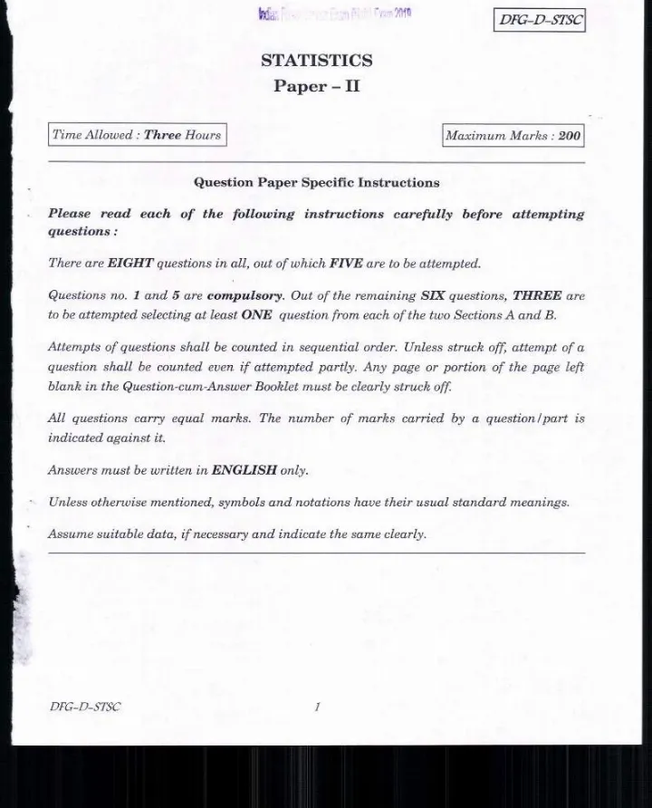 Statistics Paper II (IFS Main) 2019 — page 1 instructions scan PDF download