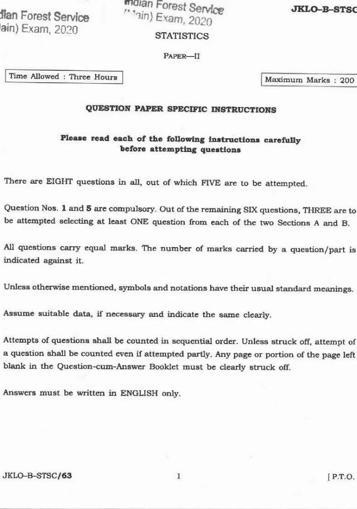 IFS Statistics Paper II 2020 (Main) – Page 1 & 2 — page 1 instructions scan PDF download