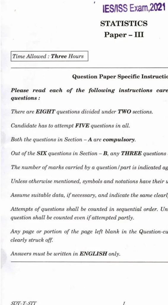 Statistics Paper III 2021 IES/ISS – Section A & B Questions — page 1 instructions scan PDF download