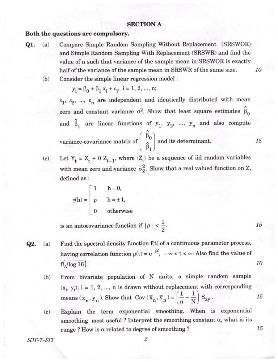 Statistics Paper III 2021 IES/ISS – Section A & B Questions — page 1 instructions scan PDF download
