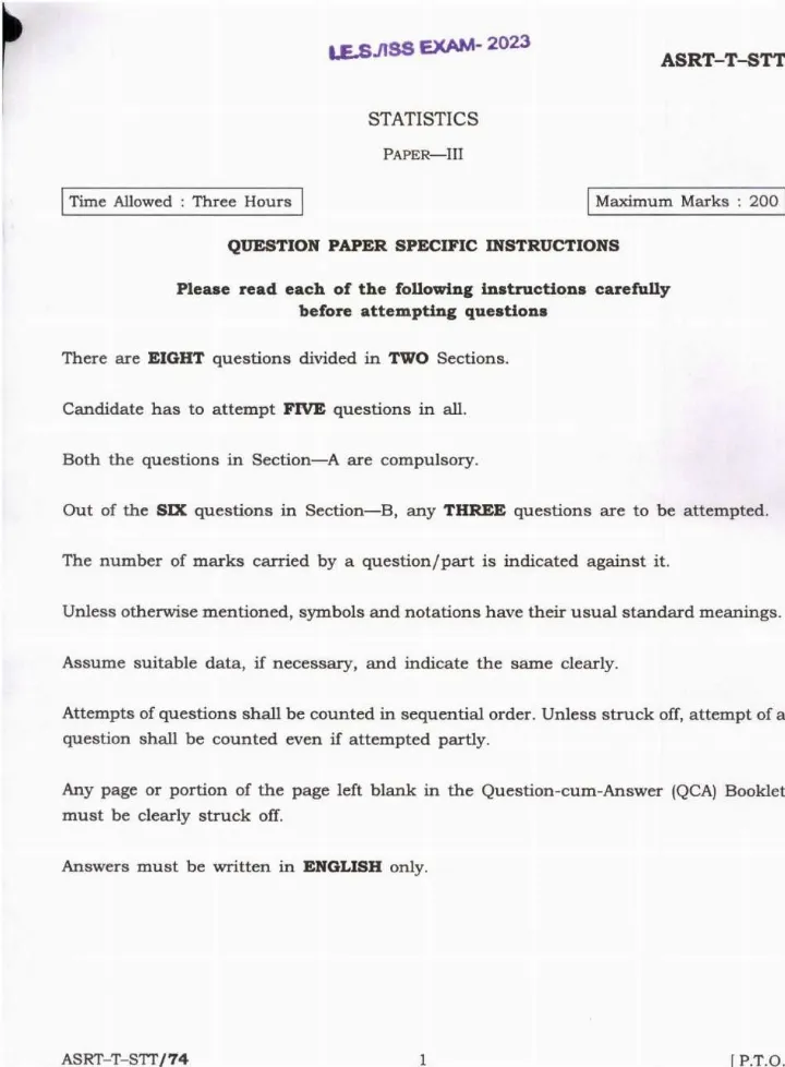 Statistics Paper-III 2023 (ISS/IES) — OCR Repair — page 1 instructions scan PDF download