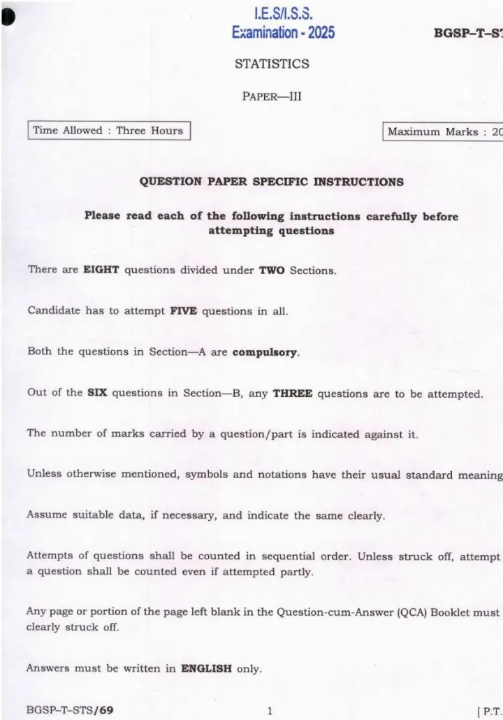 Statistics Paper III - IES/ISS 2025 (BGSP-T-STS) — page 1 instructions scan PDF download