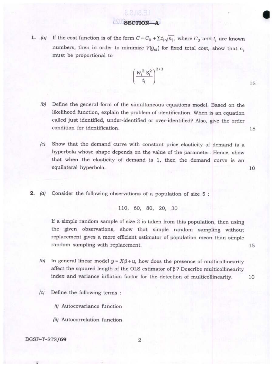 Statistics Paper III - IES/ISS 2025 (BGSP-T-STS) — page 1 instructions scan PDF download
