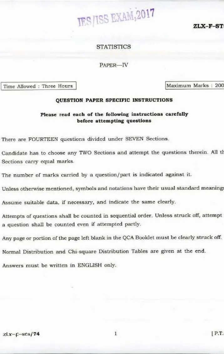 Statistics Paper IV 2017 IES/ISS — page 1 instructions scan PDF download