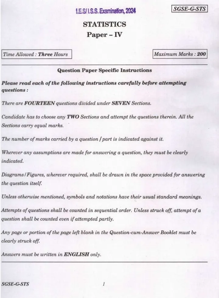 Statistics Paper IV IESS IES 2024 — page 1 instructions scan PDF download