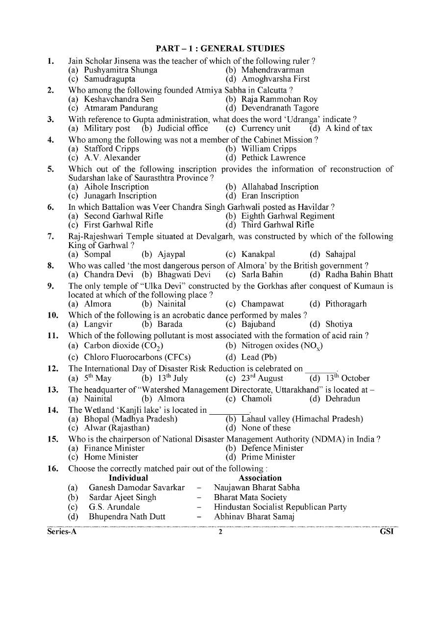 UKPSC ACF 2025 General Studies & Aptitude Test question paper page 1 instructions scan PDF download