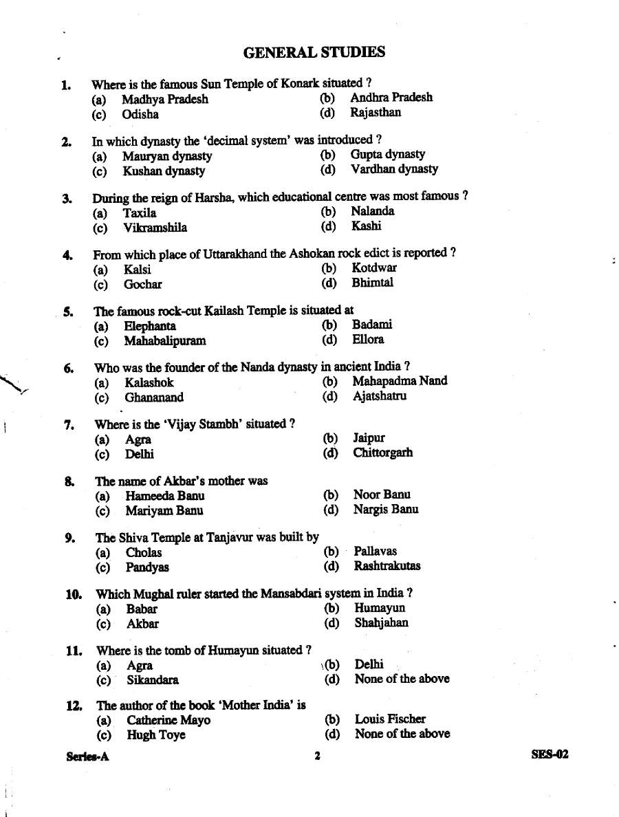 UKPSC AE 2012 General Studies question paper page 1 instructions scan PDF download