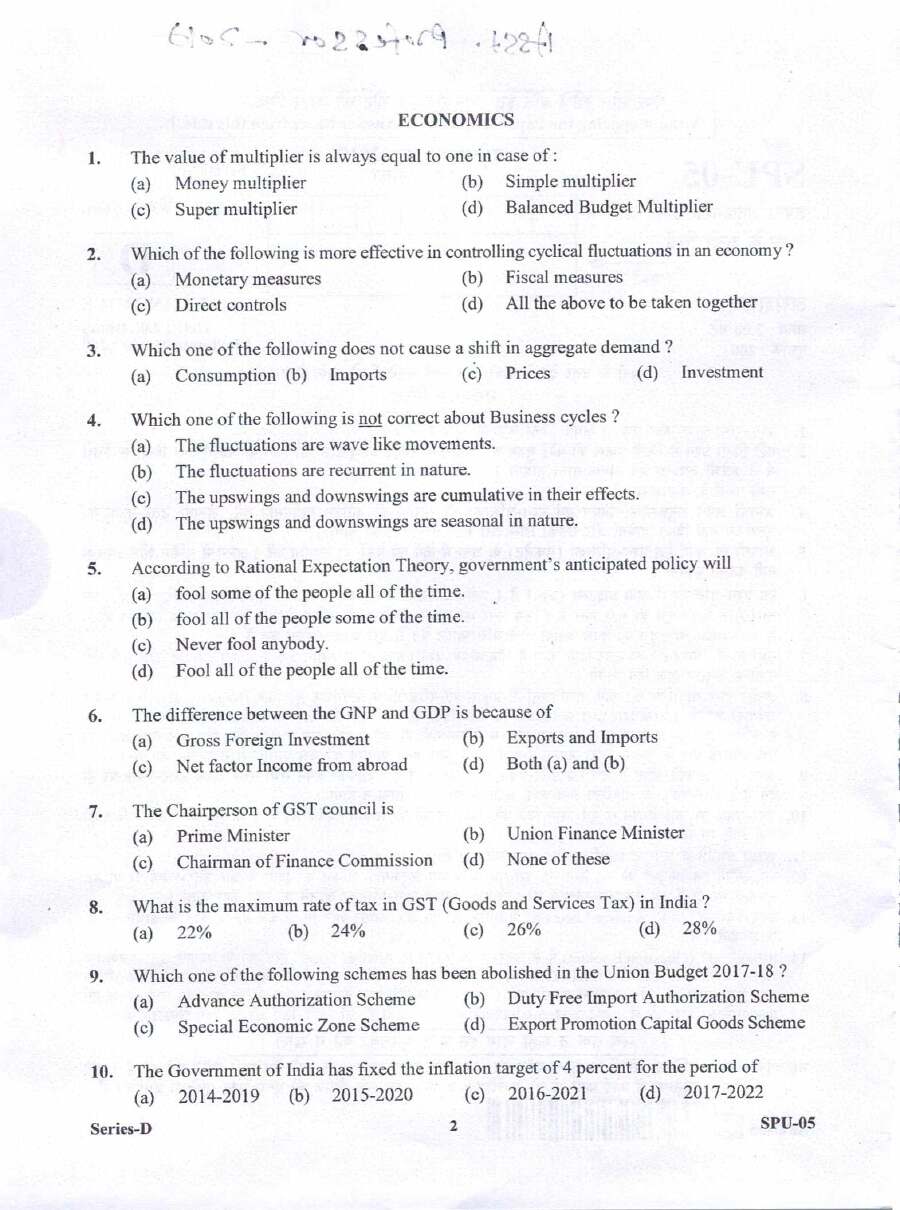UKPSC Assistant Professor Economics 2017 question paper page 1 instructions scan PDF download