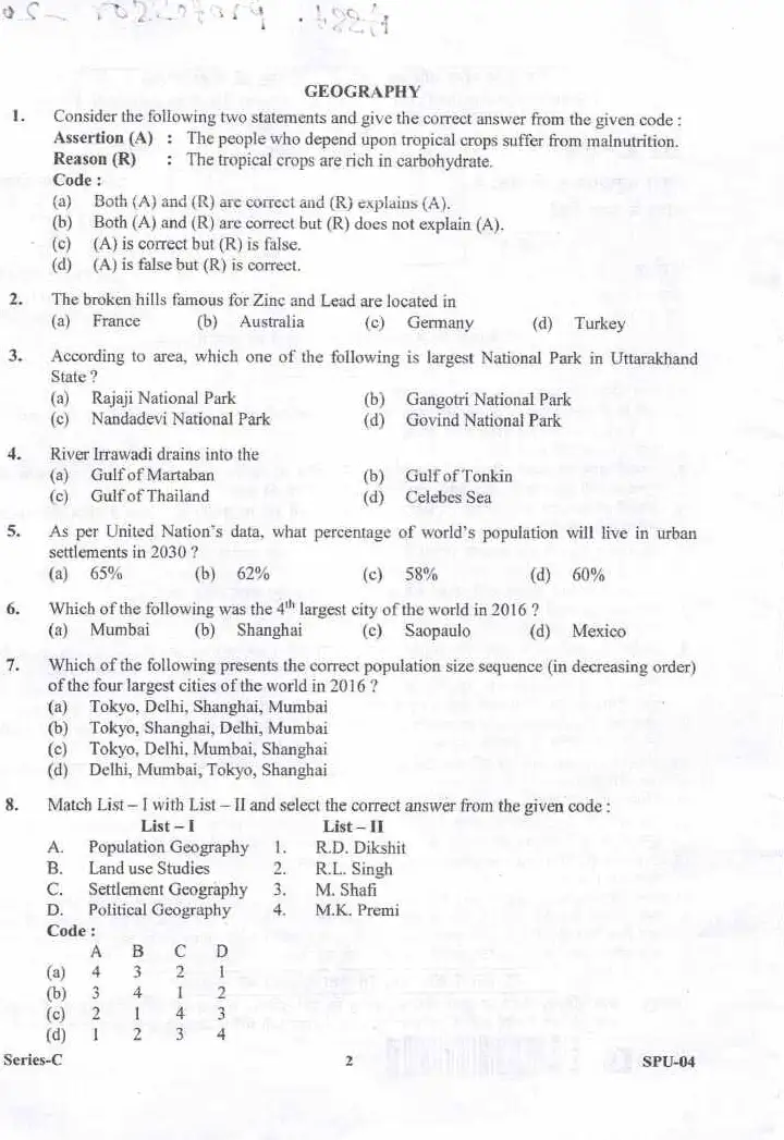 UKPSC Assistant Professor Geography 2017 question paper page 1 instructions scan PDF download