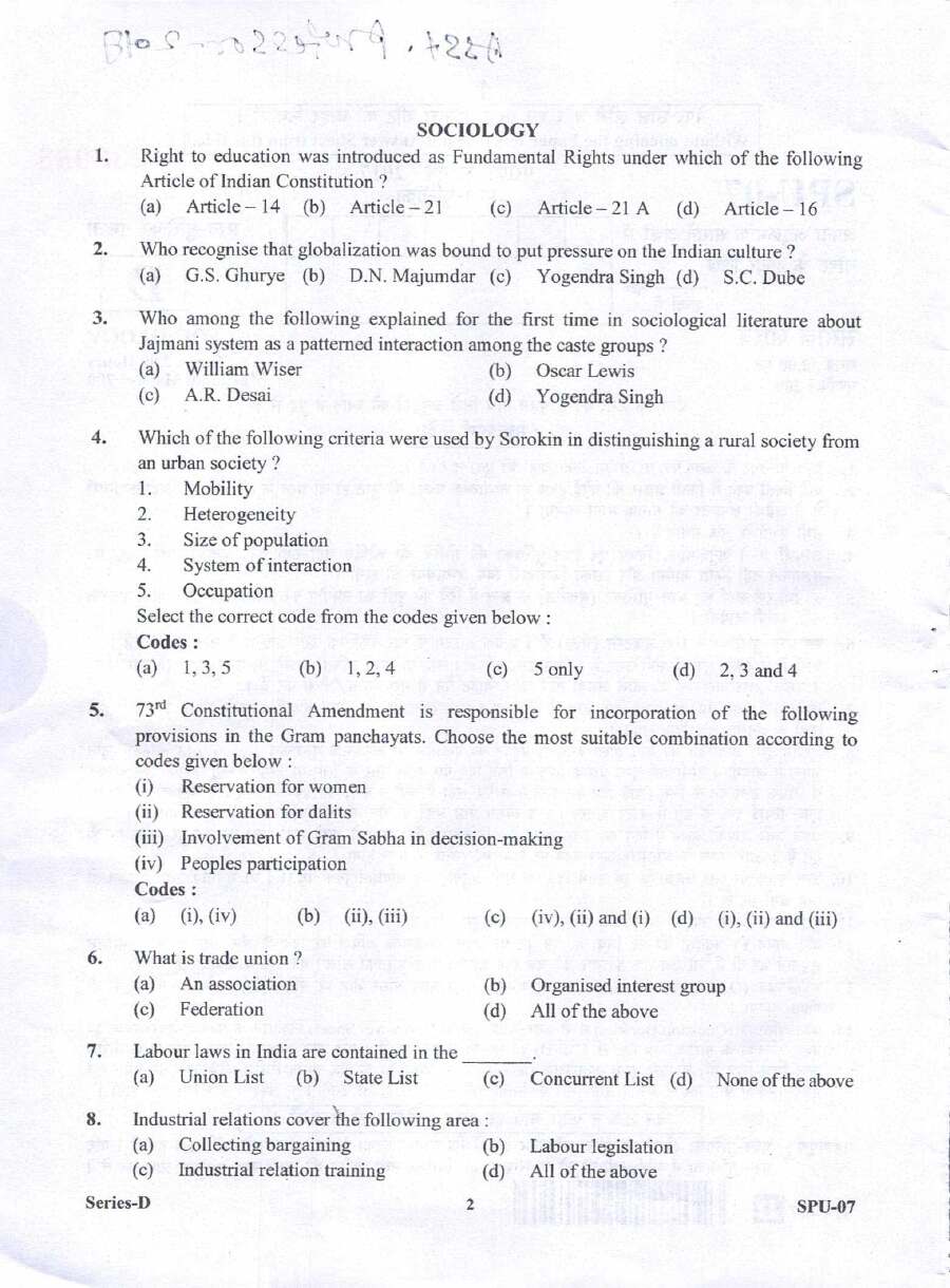 UKPSC Assistant Professor Sociology 2017 question paper page 1 instructions scan PDF download