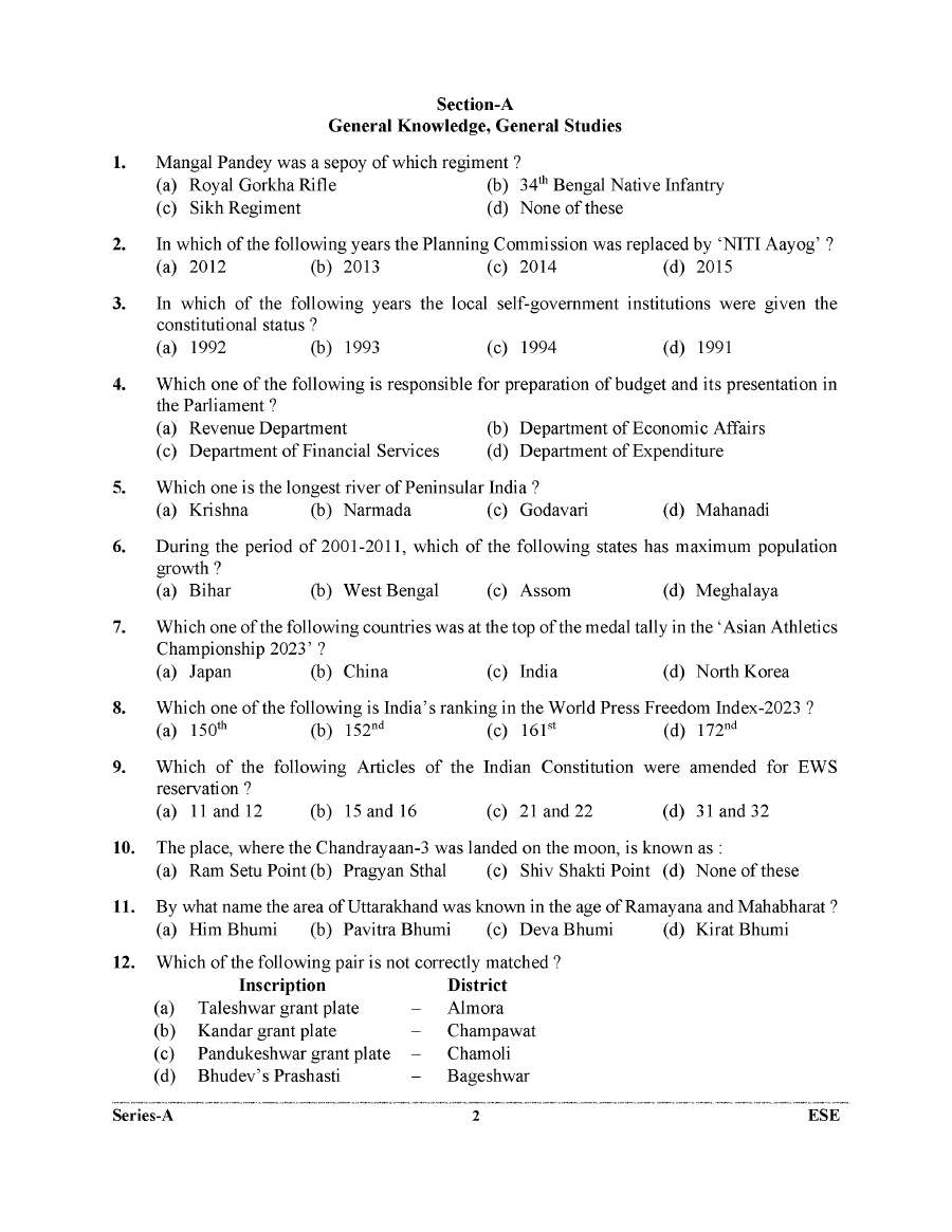 UKPSC Co-operative Supervisor 2023 General Knowledge question paper page 1 instructions scan PDF download