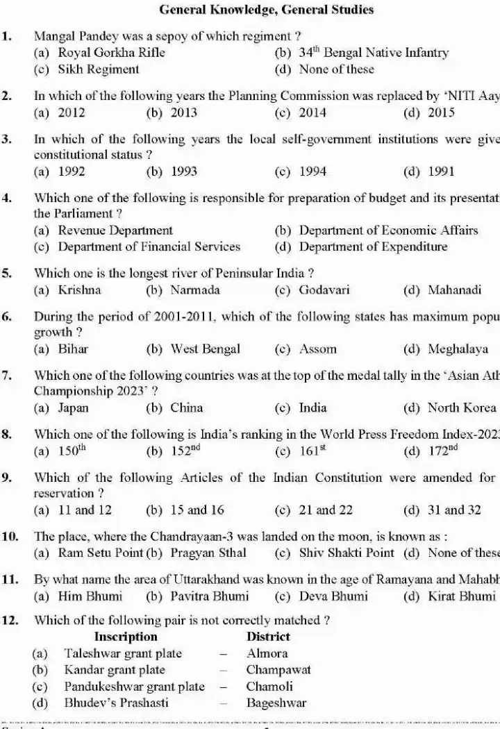 UKPSC Co-operative Supervisor 2023 General Knowledge question paper page 1 instructions scan PDF download