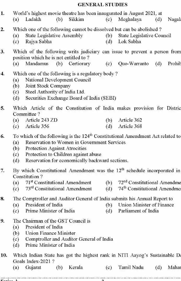 UKPSC Combined State Civil Lower Subordinate Service Examination 2021 General Studies question paper page 1 instructions and header scan PDF download