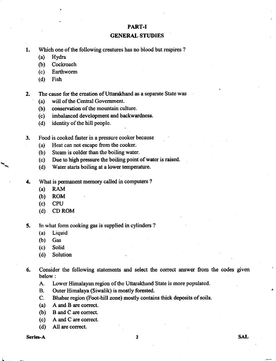 UKPSC Combined State Civil Lower Subordinate Services Exam 2010 General Studies & General Aptitude Test question paper page 1 instructions scan PDF download