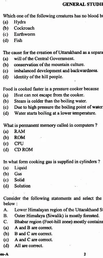 UKPSC Combined State Civil Lower Subordinate Services Exam 2010 General Studies & General Aptitude Test question paper page 1 instructions scan PDF download