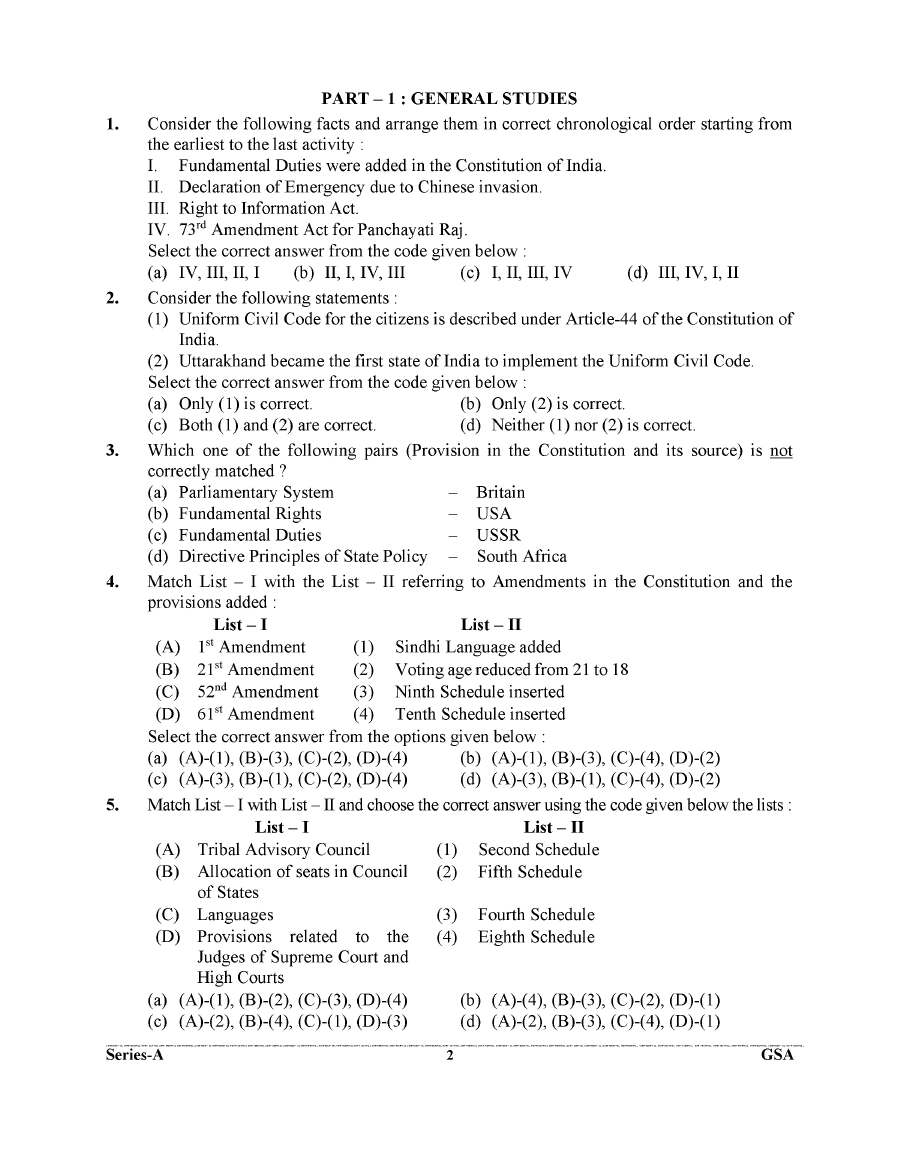 UKPSC Lower Subordinate Services 2025 General Studies & Aptitude Test question paper page 1 instructions scan PDF download
