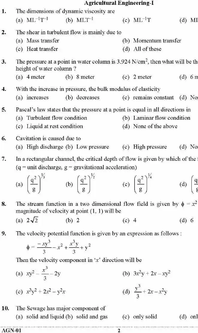 UKPSC Combined State Engineering Service Examination 2023 Agricultural Engineering Paper-I question paper page 1 instructions scan PDF download