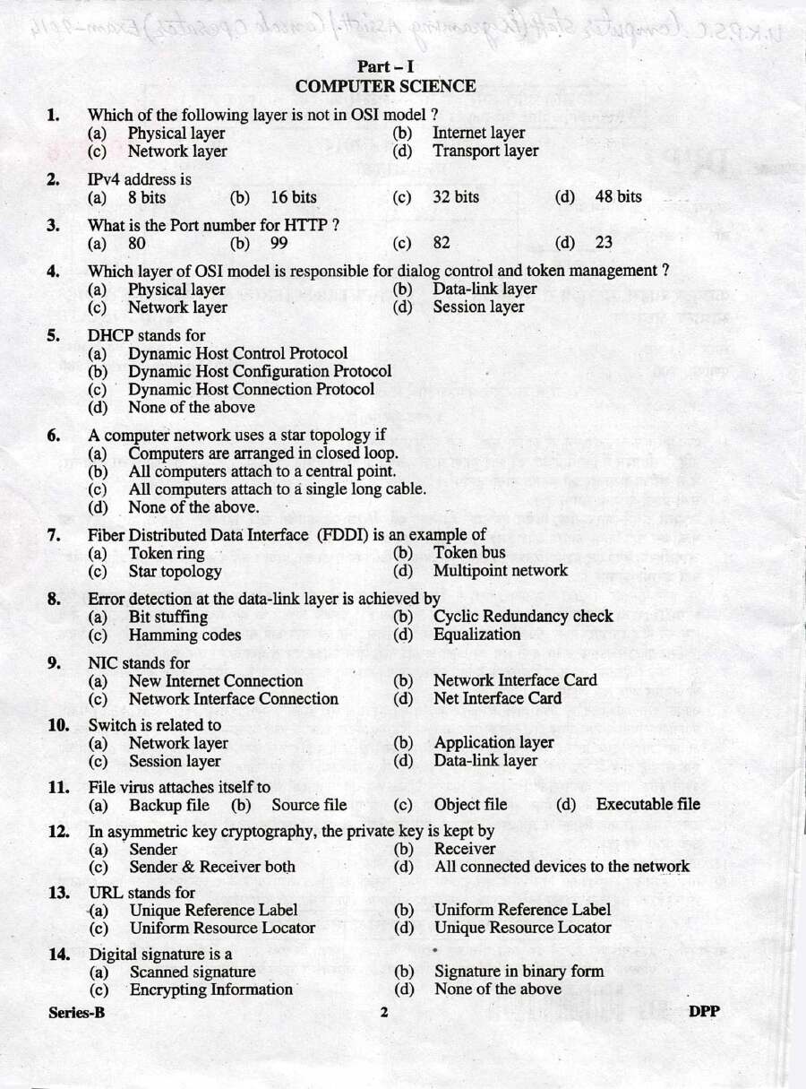 UKPSC Computer Staff Exam 2014: Computer Science & General Studies — page 1 instructions scan PDF download