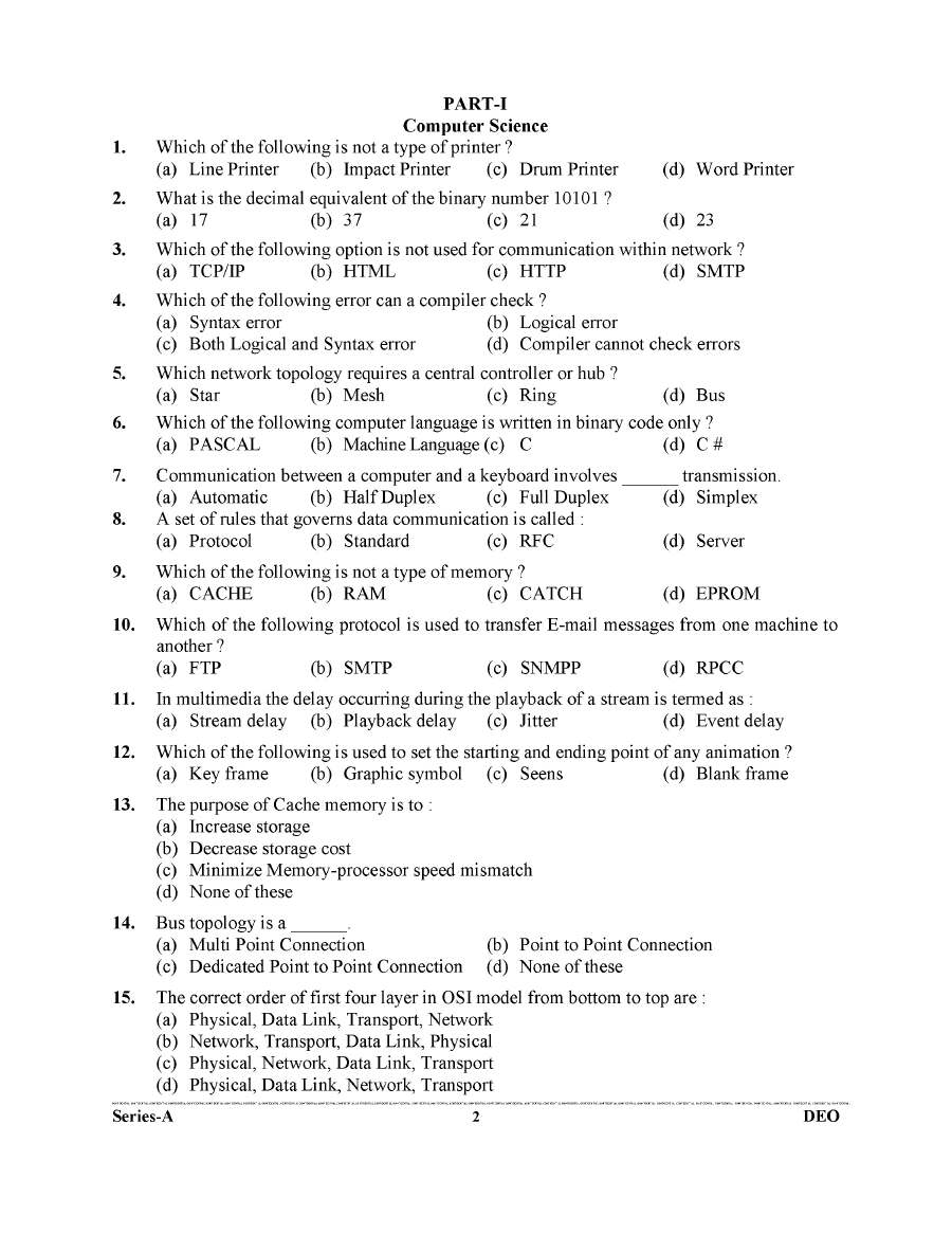 UKPSC DEO 2023 Computer Science & General Studies question paper page 1 instructions scan PDF download Uttarakhand Public Service Commission