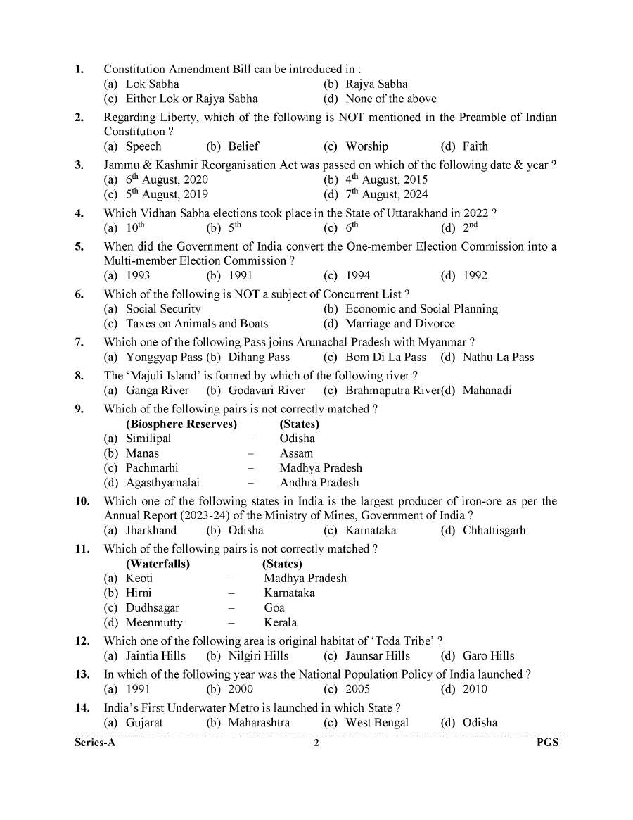 UKPSC DSP 2024 General Knowledge question paper page 1 instructions scan PDF download for Deputy Superintendent of Police exam