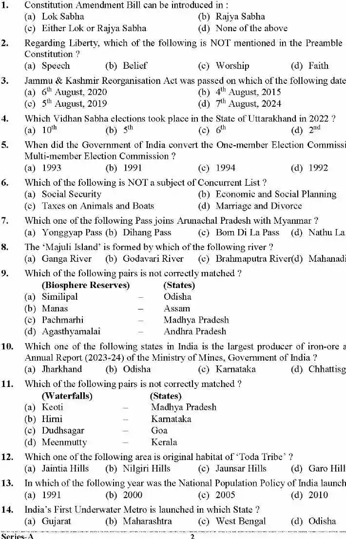 UKPSC DSP 2024 General Knowledge question paper page 1 instructions scan PDF download for Deputy Superintendent of Police exam