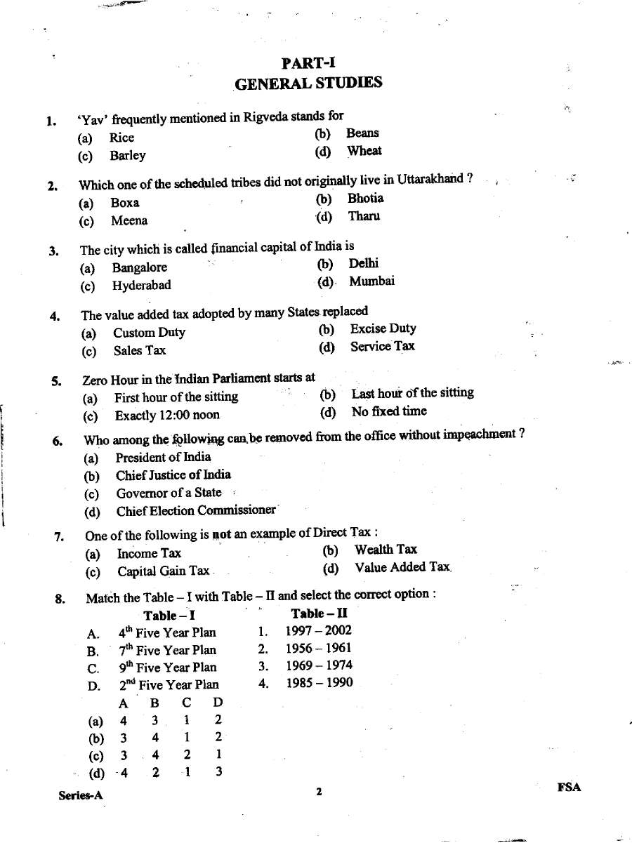 UKPSC Forest Ranger 2012 General Studies & General Aptitude question paper page 1 instructions scan PDF download